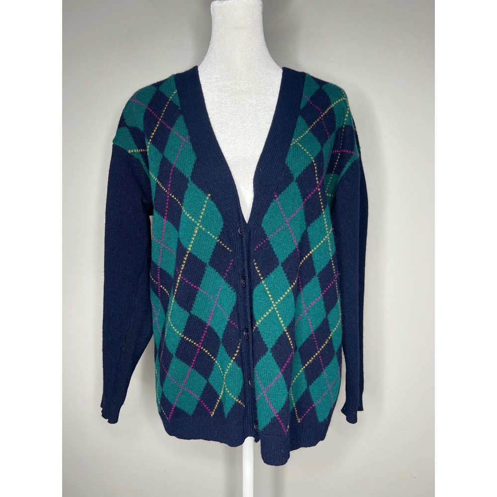 VTG Evan Picone Petites Lambswool Angora Argyle Cardigan Navy Green Petite Prep